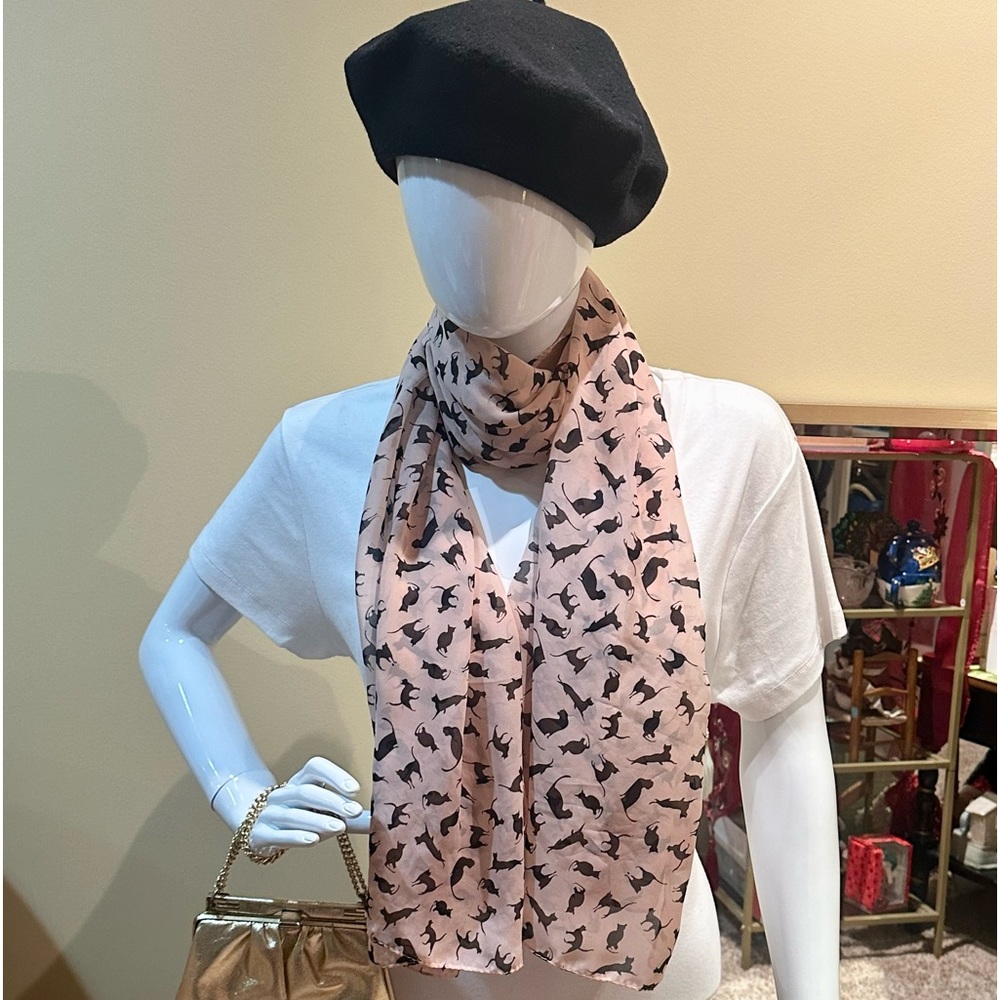 🌟HP🌟VTG 1990s Oversized Pink Chiffon Black Cat Scarf Shawl